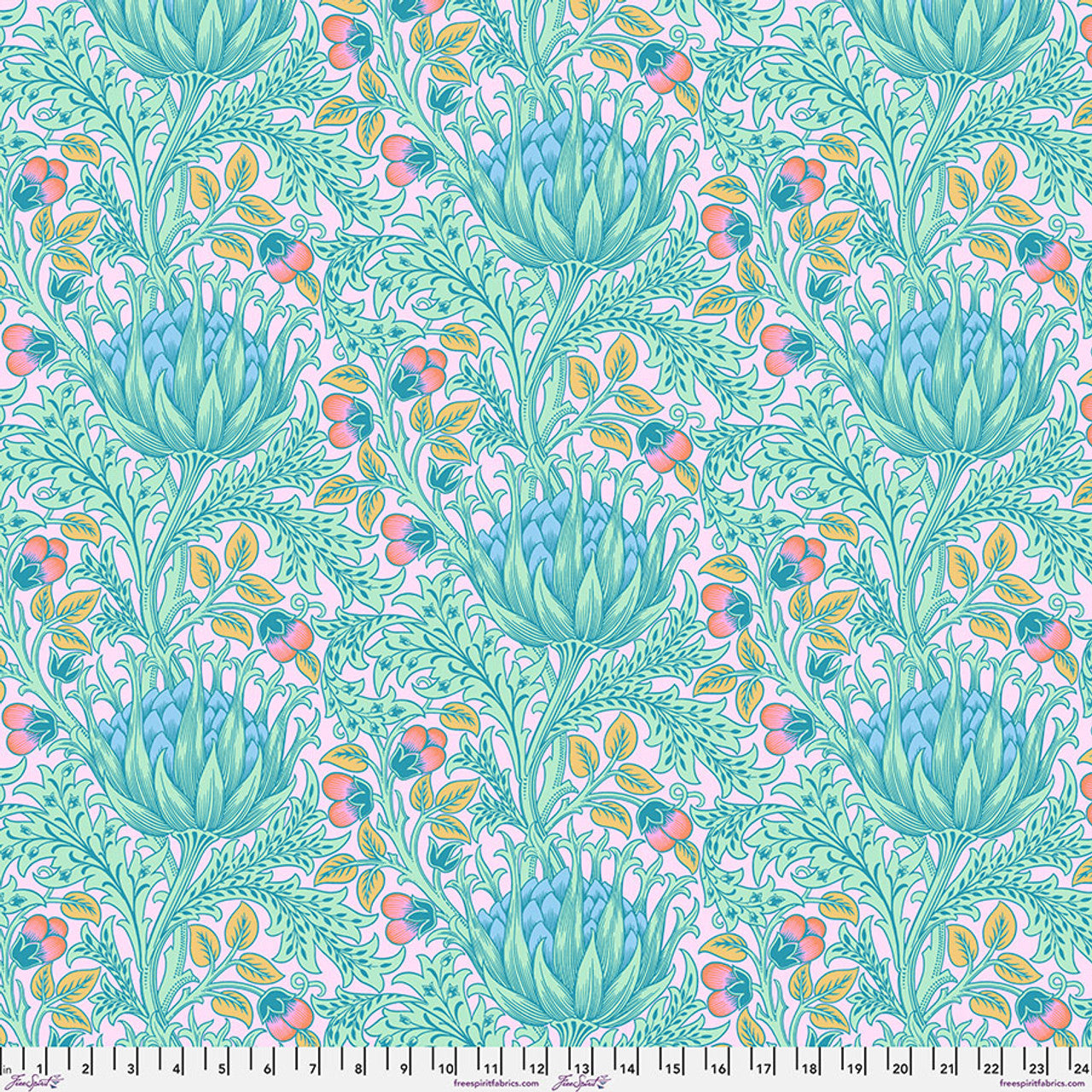 Floral pattern fabric with blue, pink, yellow, and green colors on a pink background
