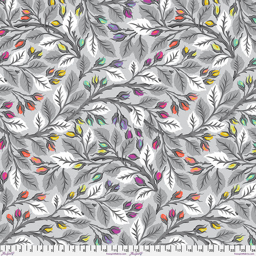 Patterned fabric with colorful leaves on a gray background