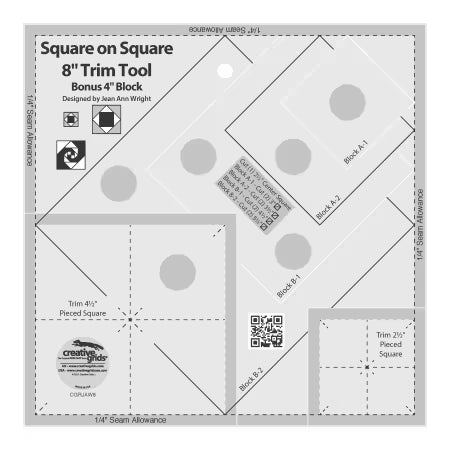Square on Square 8" Trim Tool with quilt block cutting measurements right on background