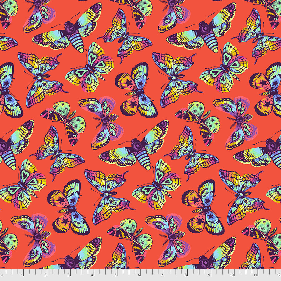 a repeating pattern of colorful butterflies and moths on an orange background.