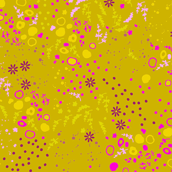 Colorful floral and abstract pattern on a pink background