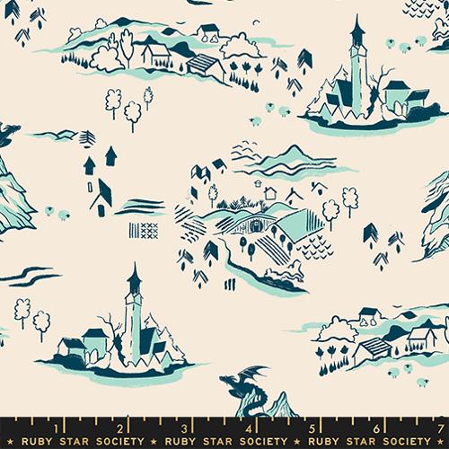 Fabric pattern with illustrated landscapes and buildings on a beige background
