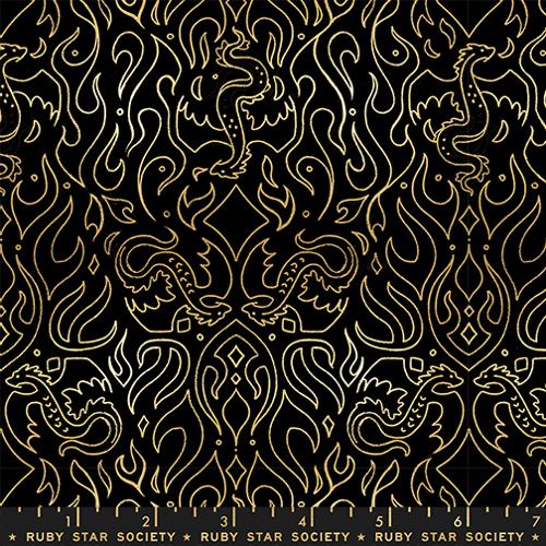 Gold dragon pattern on black fabric by Ruby Star Society