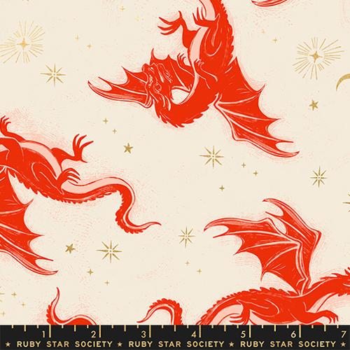 Pattern of red dragons on a beige background with gold stars
