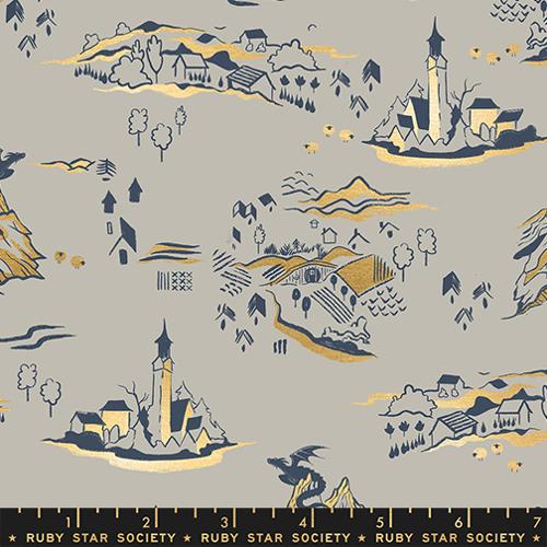 Patterned fabric with illustrated landscapes and buildings on a gray background