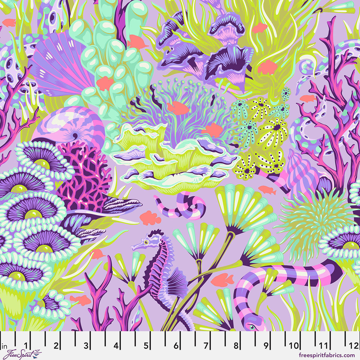 Colorful coral and sea life pattern on a purple background
