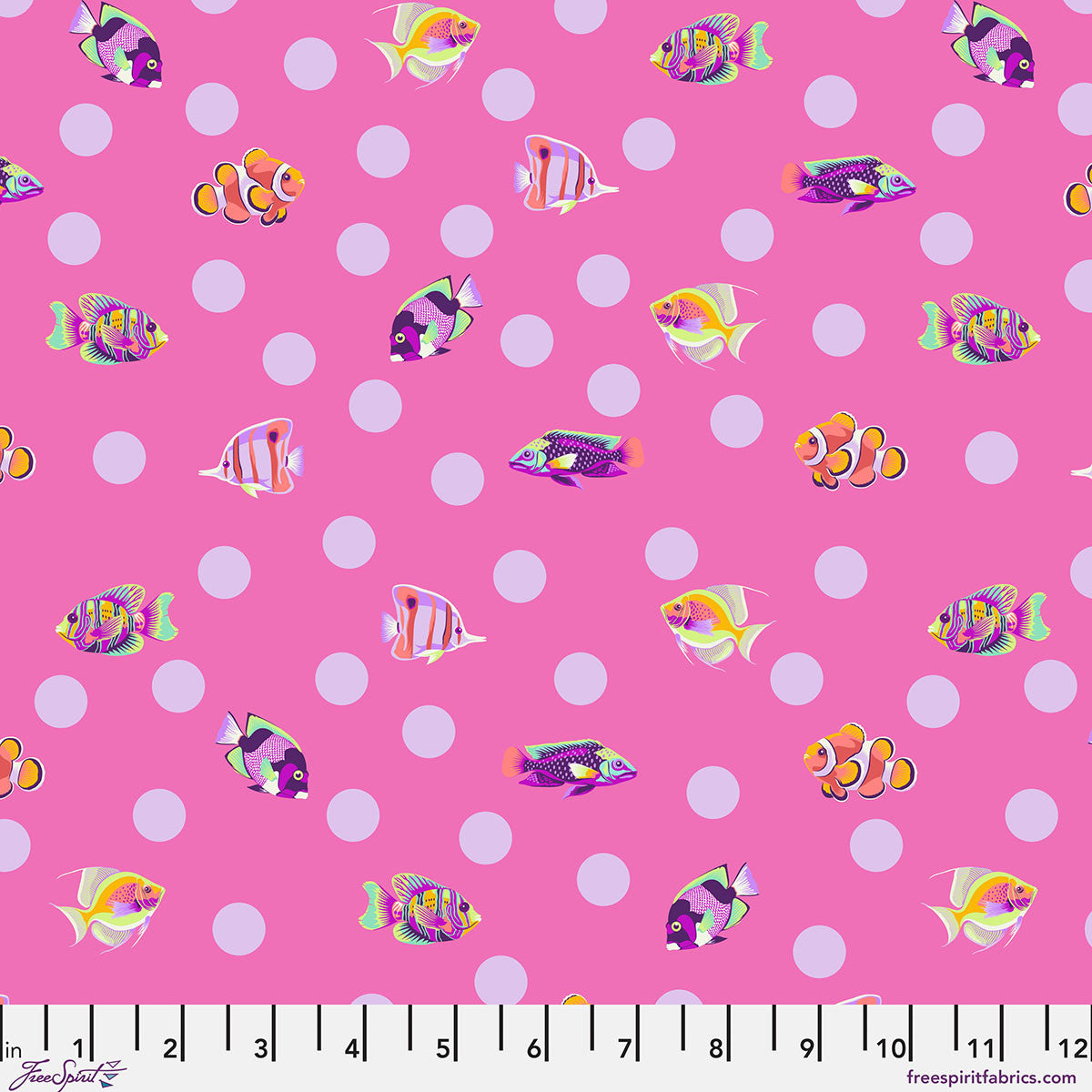 Colorful fish pattern on a pink background with purple polka dots