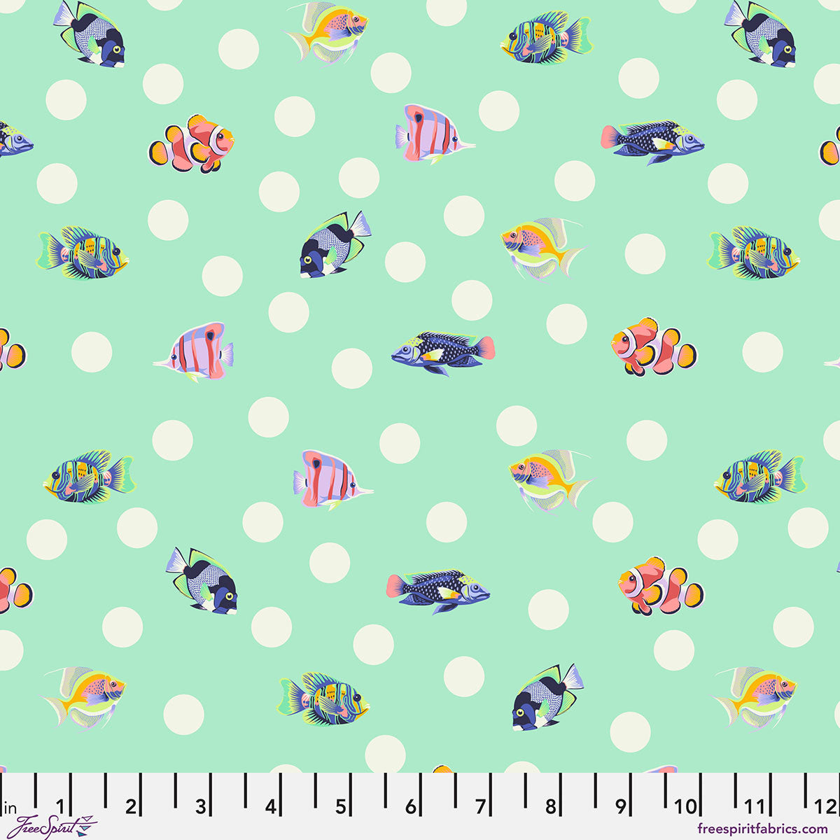 Colorful fish pattern on a green background with white polka dots