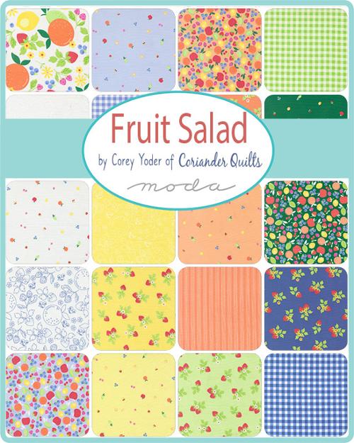 Collection of colorful fabric swatches with 'Fruit Salad' by Corey Yoder branding.