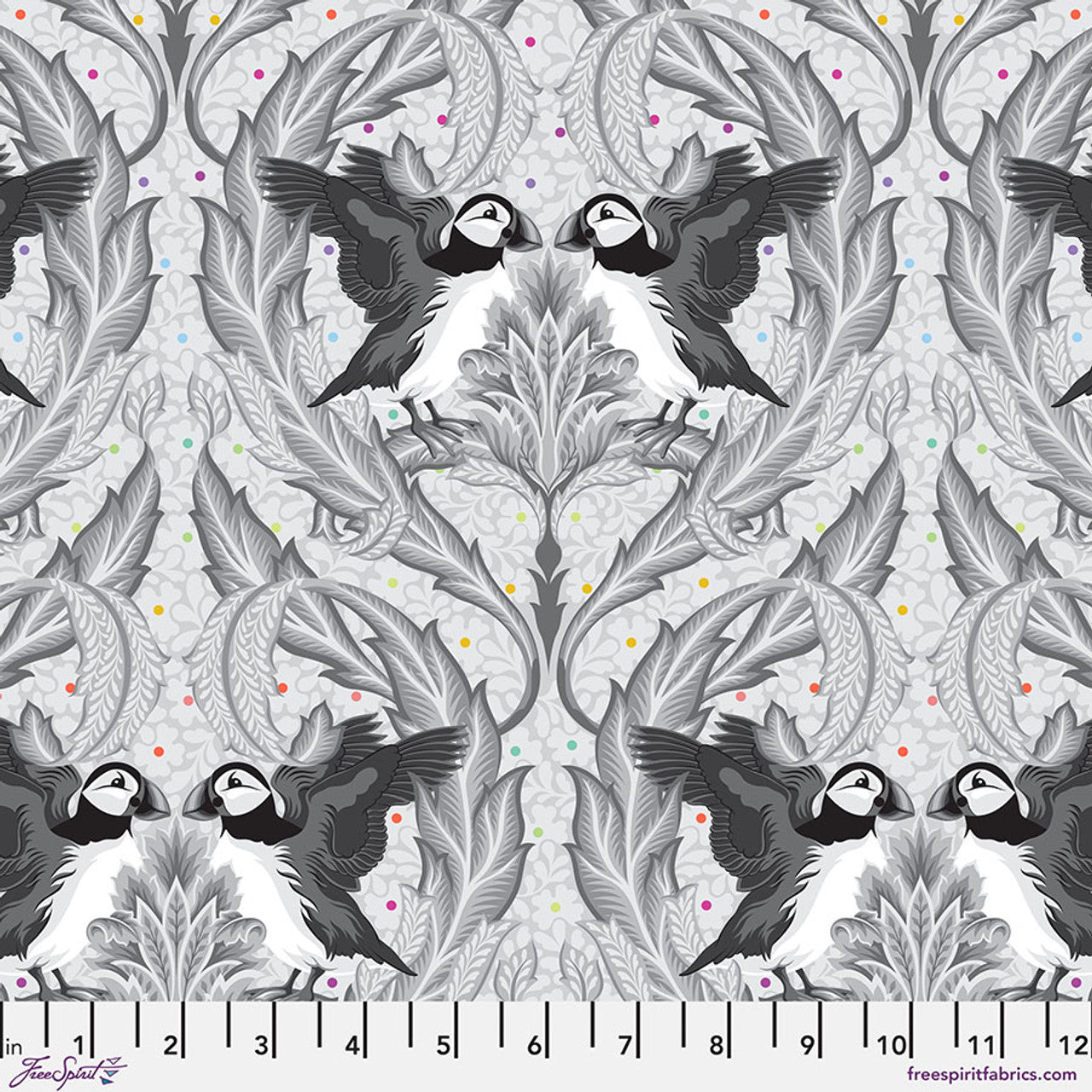 Puffin Birds on a gray floral background