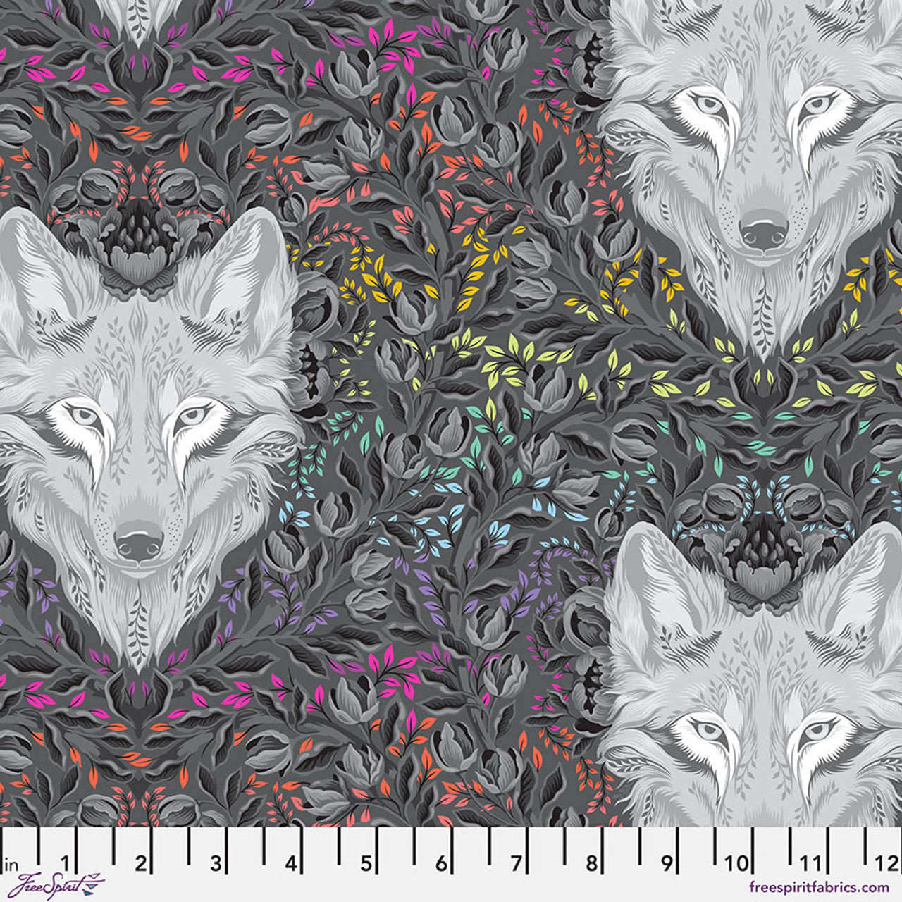 Patterned fabric with wolves and colorful leaves on a dark gray background.