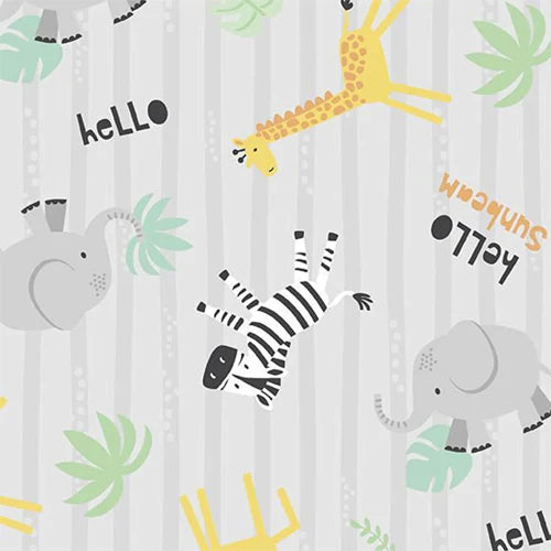 Fabric with a pattern featuring animals such as a giraffe, zebra, and elephant, along with text that says 'hello' on a gray background.