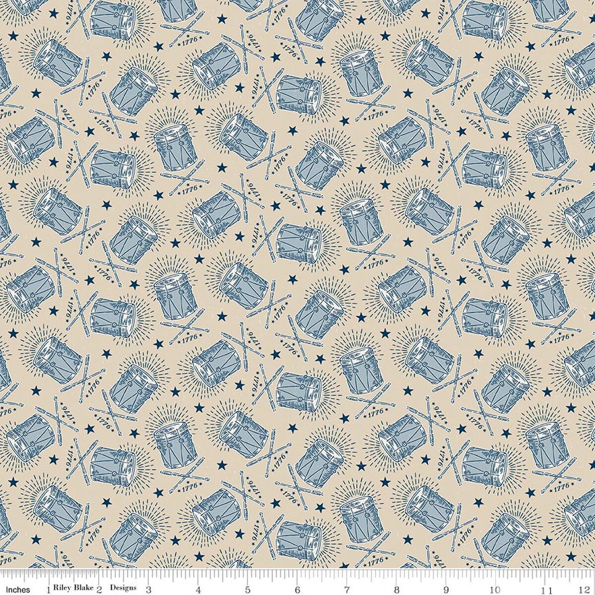 Pattern of blue drums and drumsticks on a beige background