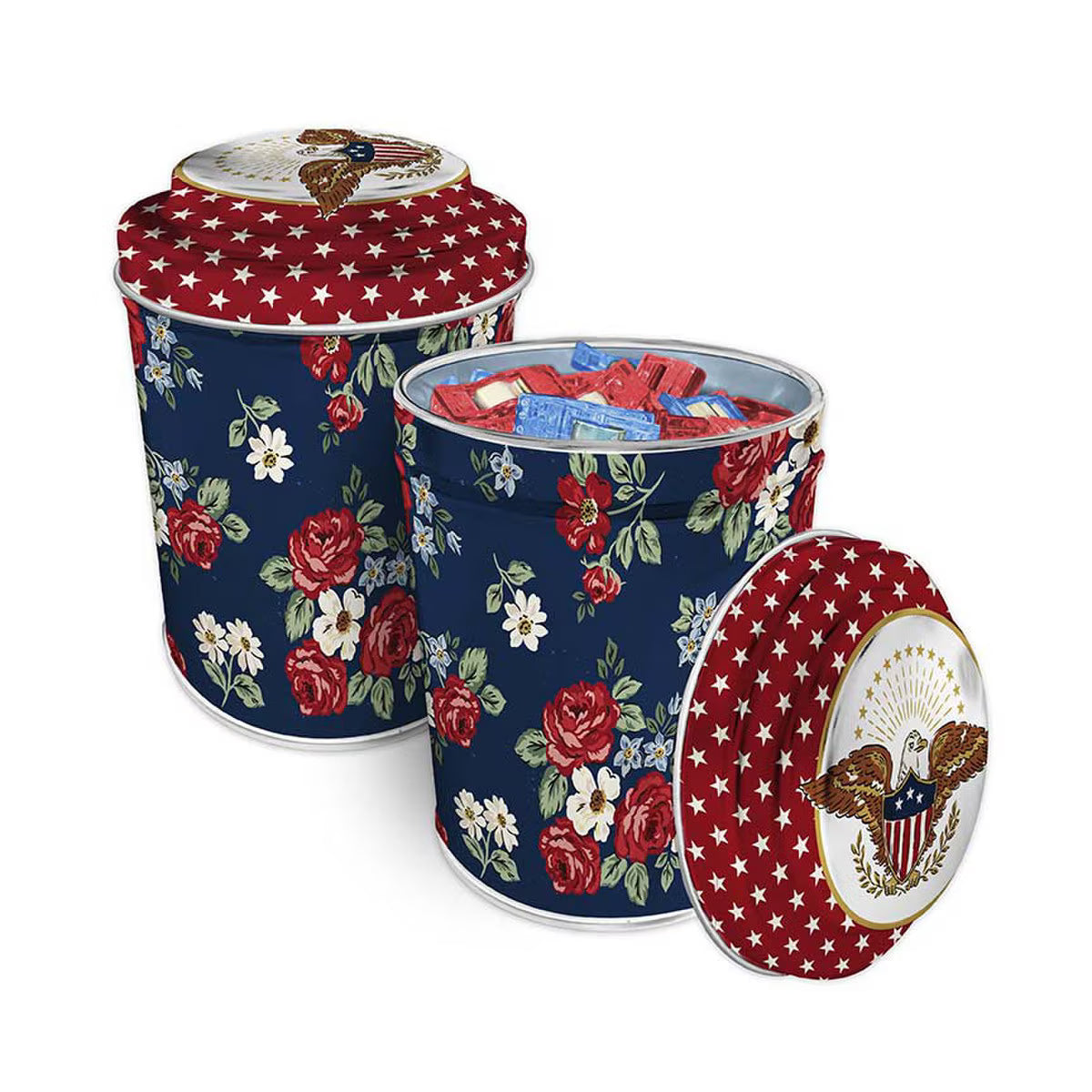 Independence themed tin can withe 100 Red and Blue clips for quilting and sewing uses