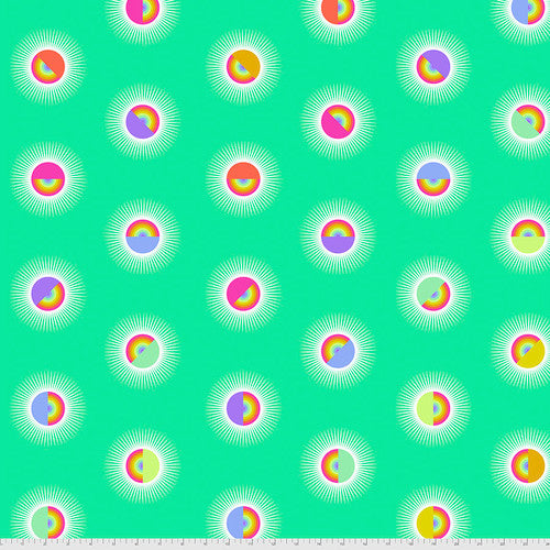 Saturdaze Lagoon 100% Cotton Sateen 108" wide quilt backing material featuring half rainbow circles on a green background.