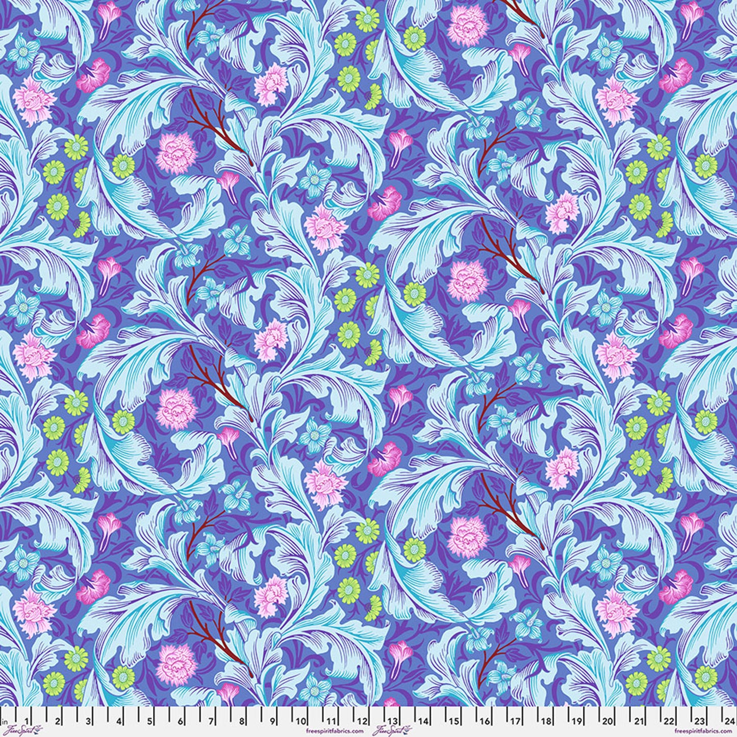 Floral pattern fabric with blue, pink, and green colors on a blue background