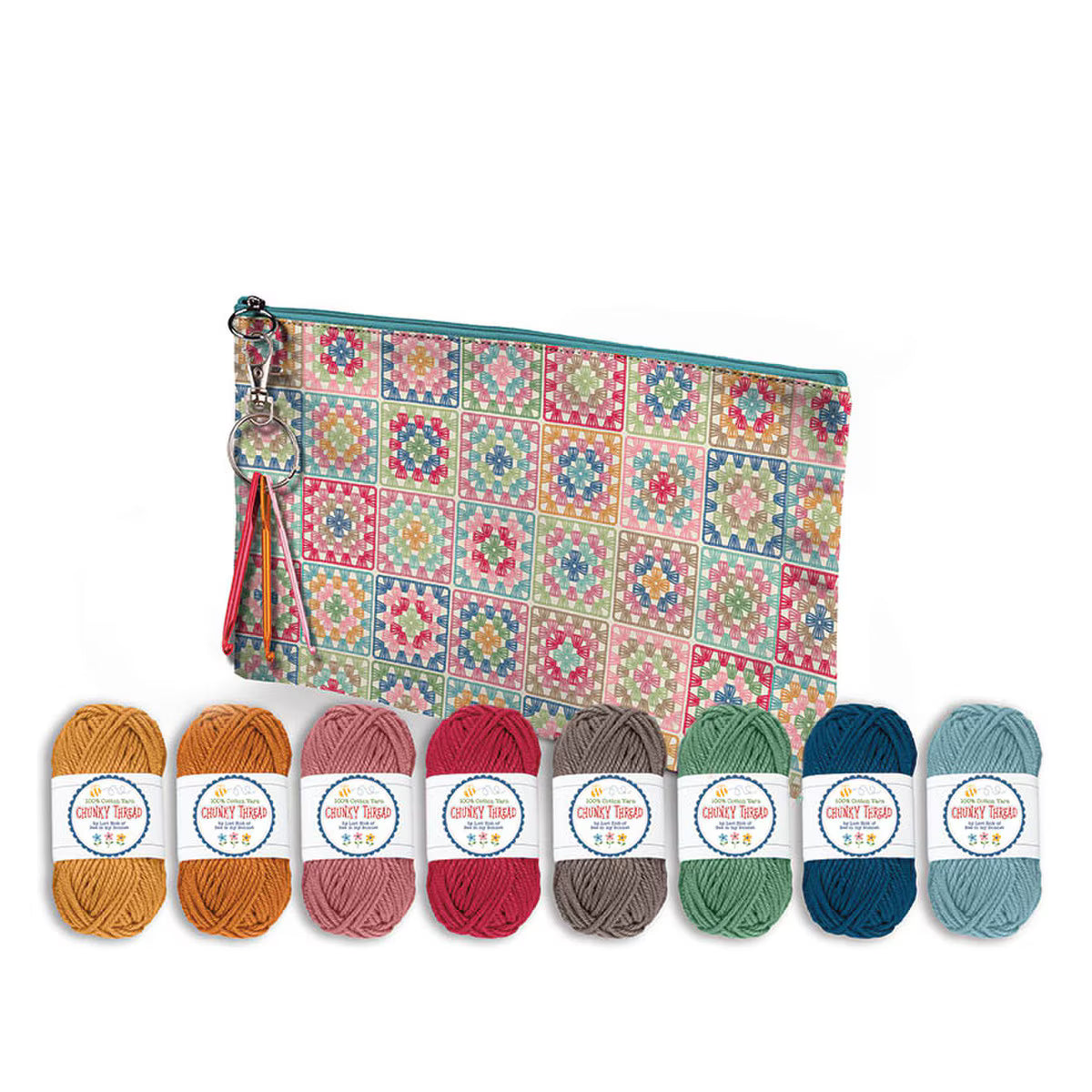 includes eight mini skeins of new colors in a small vinyl bag with a mini crochet hook keychain