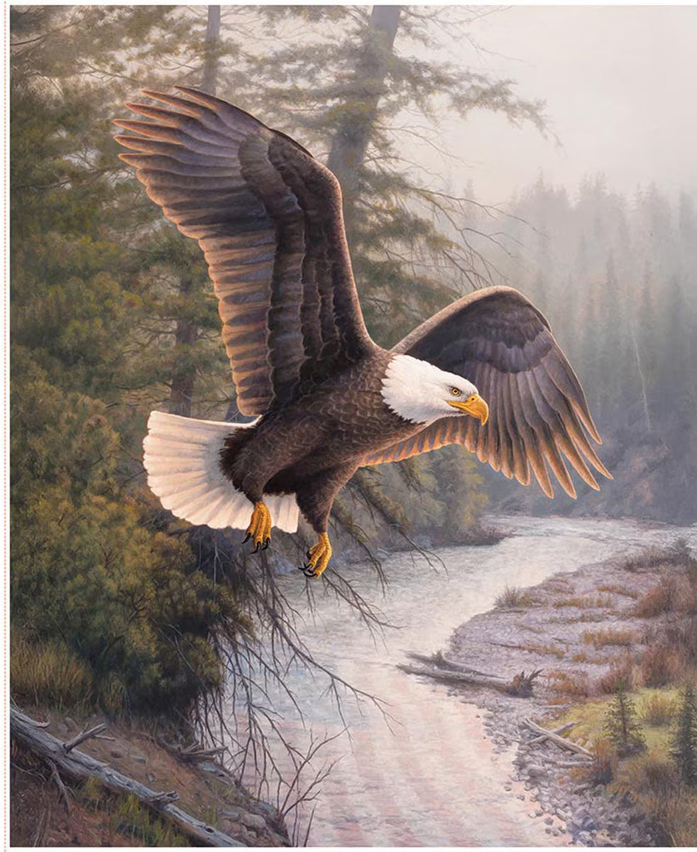A painted scene of a bald eagle flying over a river in a forest. The eagle has a white head, dark brown body, and yellow beak and talons, with wings spread wide above a winding river and trees.
