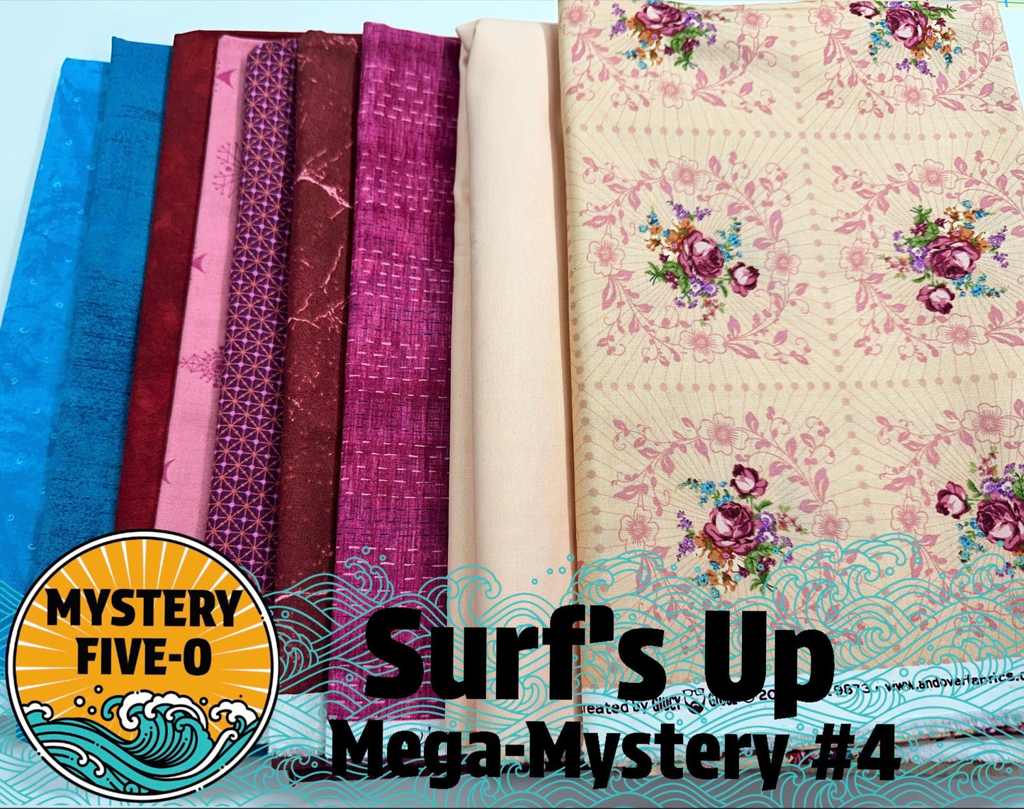 This kit includes Floral focus fabric in addition to pink, berry and blue fabrics.