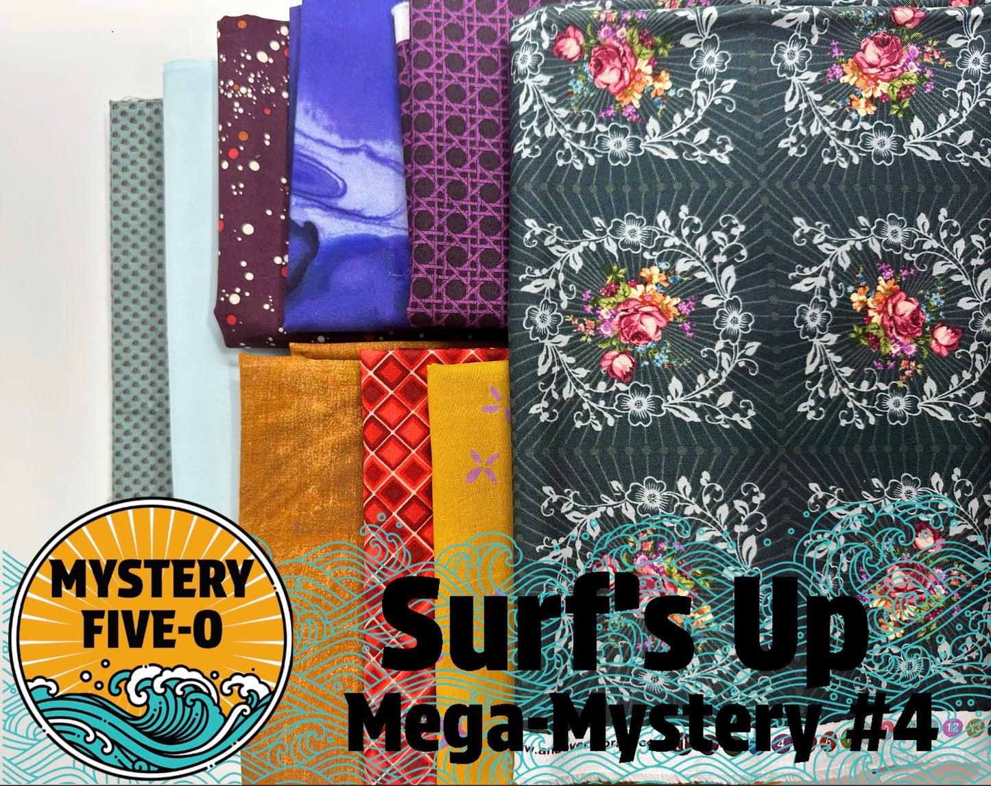 Exclusive Curated Fabric Kit with purple, golds, orange, and blues.