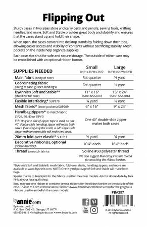 The pattern includes complete step-by-step instructions for cases in two sizes. Small: 8.5in (H) x 3.5in (W) x 3.5in (D) when closed, 4.5in (H) x 3.5in (W) x 3.5in (D) when folded down Large: 14.5in (H) x 5.5in (W) x 5.5in (D) when closed, 8in (H) x 5.5in (W) x 5.5in (D) when folded down