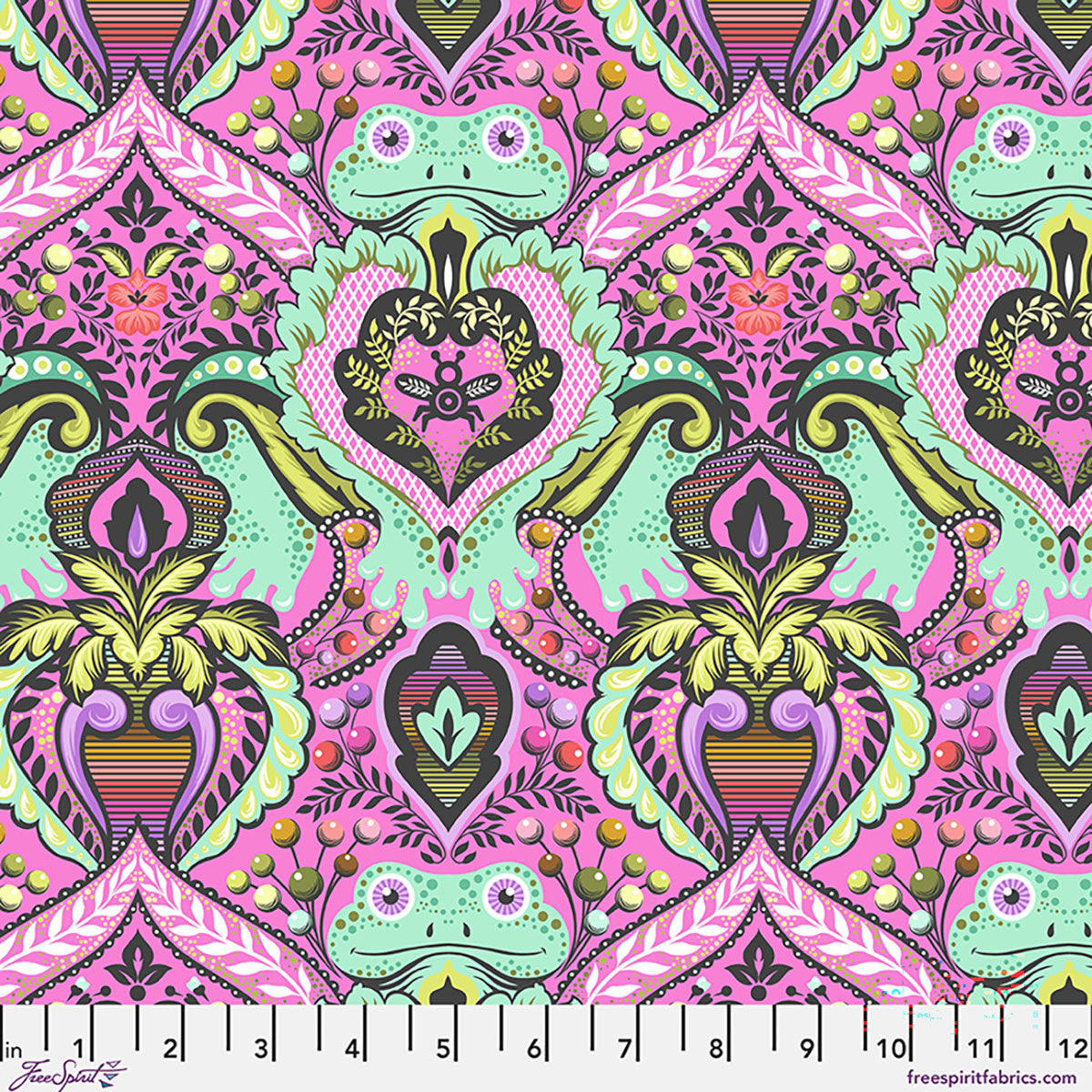 Colorful frog, bee and patterned fabric with geometric shapes and vibrant colors, displayed on a pink background.