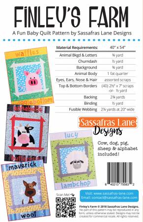 Finley’s Farm is a fun and quick applique pattern you can personalize for the newest baby in your life! There are 4 adorable farm-themed animals to choose from, (a dog, sheep, cow and pig) The quilts finish 40in x 54in and include full-size reversed animals and alphabet ready for applique!