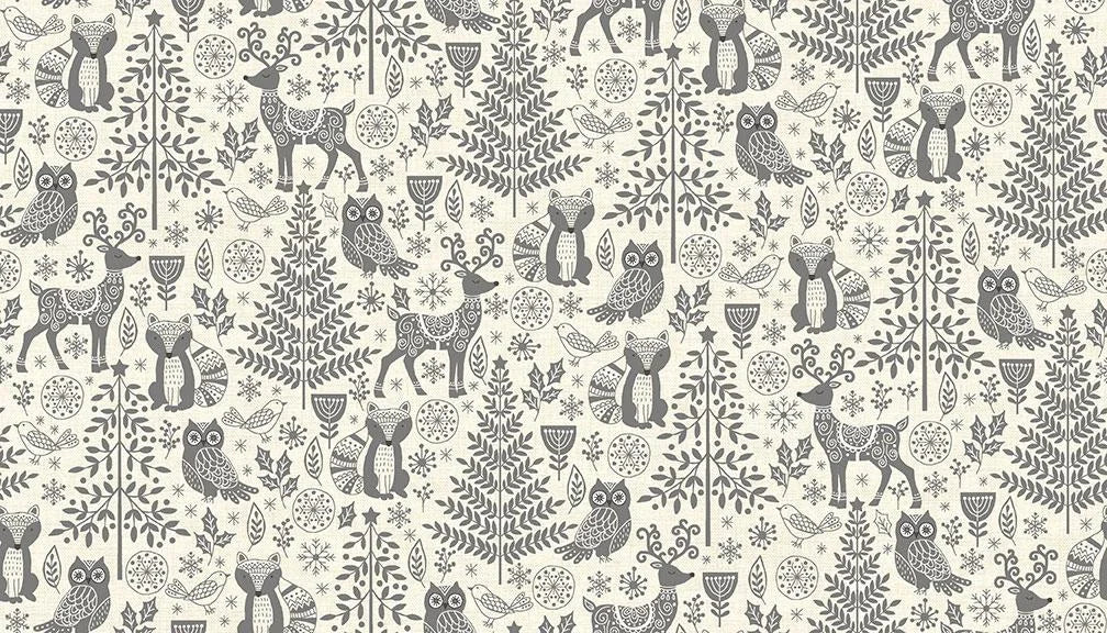 Pattern of gray deer, owls, and trees on a beige background