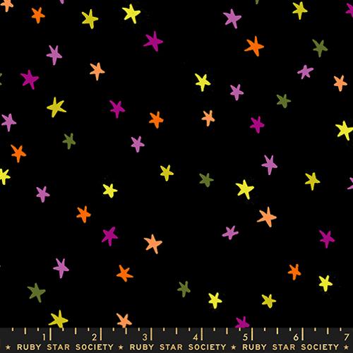 purple. green. yellow, orange stars on a black background