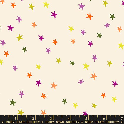 Purple, Orange, and greenl star pattern on a beige background