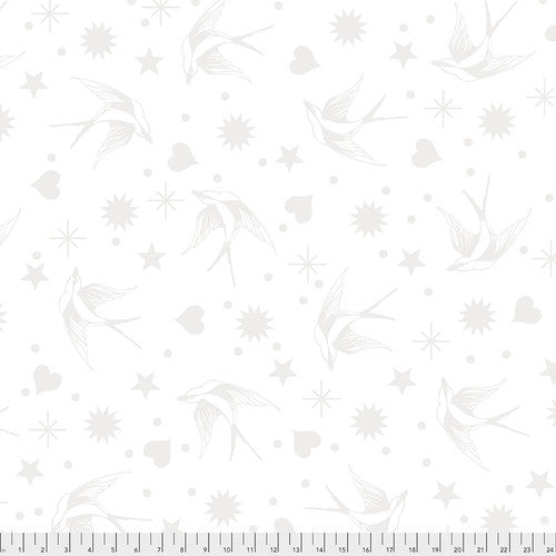 a white background featuring a repeated pattern of birds, stars and hearts in Tula Pink's signature style.