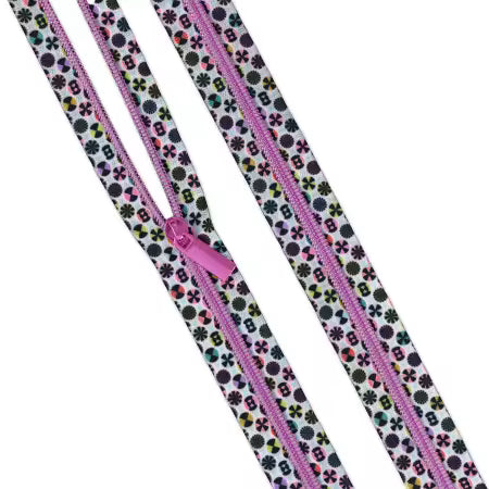 Two floral-patterned zippers with pink pull tabs on a white background