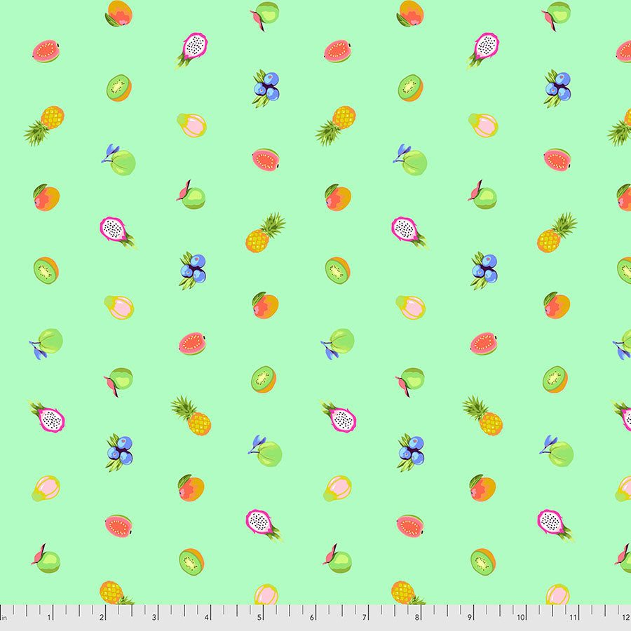 featuring a blue/green background with a pattern of fruits and flowers.