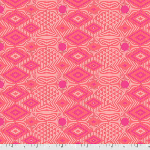 A pink fabric with a geometric pattern featuring diamonds, triangles, and dots.