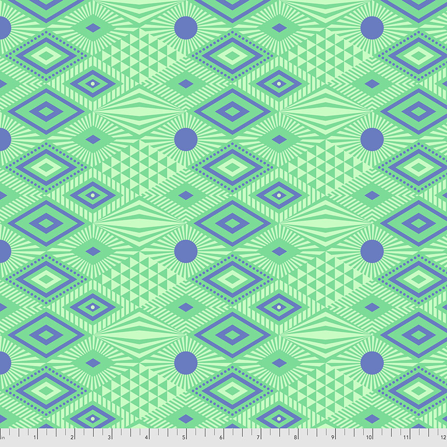 featuring a geometric pattern with diamonds, triangles, and dots in shades of blue and green on an aqua-green background.