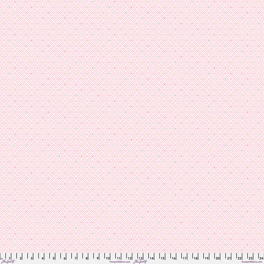 Baby Geo-Dawn 100% Cotton 44/45" wide quilting cotton fabric features tiny pale pink and apricot geometric maze design accented with a rainbow spectrum of pin dots.