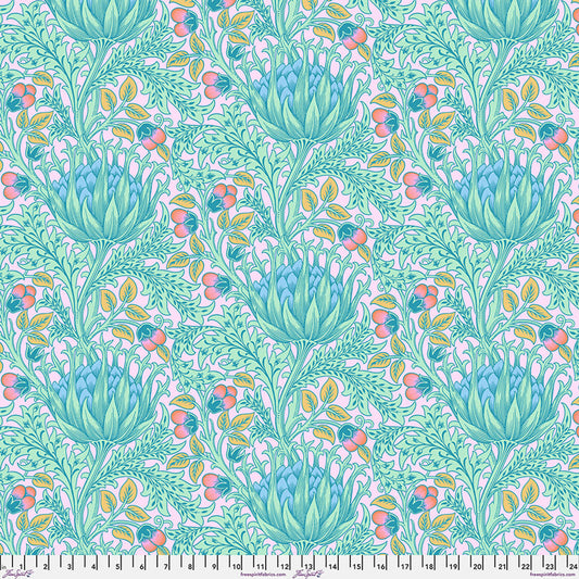 Floral pattern fabric with blue, pink, yellow, and green colors on a pink background