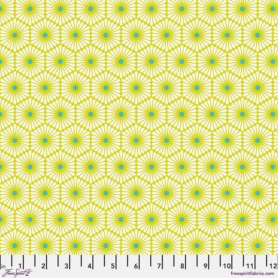 Patterned fabric with yellow geometric design with blue dot on a white background