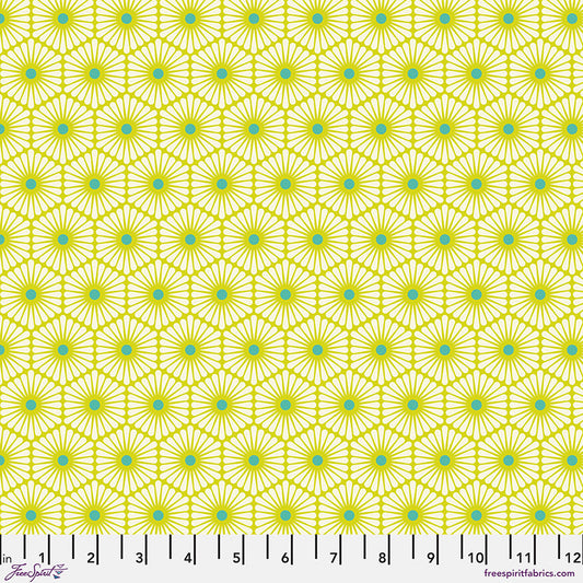 Patterned fabric with yellow geometric design with blue dot on a white background