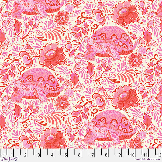 Pink and red floral and animal pattern with a ruler at the bottom