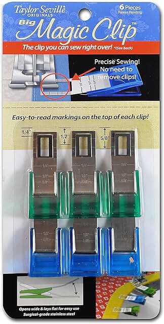 Precise markings in 1/4in increments. Opens wide & lays flat for easy use. No need to remove clip when sewing. Made with surgical grade stainless steel. Large clip. 6 clips per card