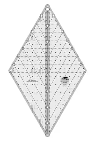 A diamond-shaped quilting template with printed grid lines, stitch markers