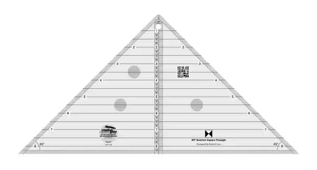 A 90 degree clear triangular quilting ruler with black measurement markings, degree angles, and circular guides,