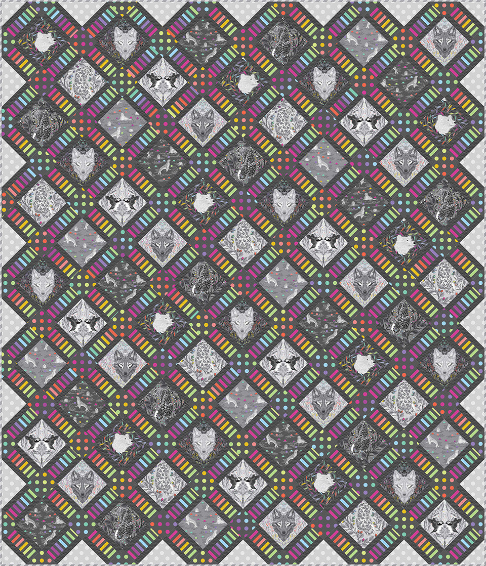 Quilt with geometric pattern featuring colorful borders and black and white shapes on a gray background