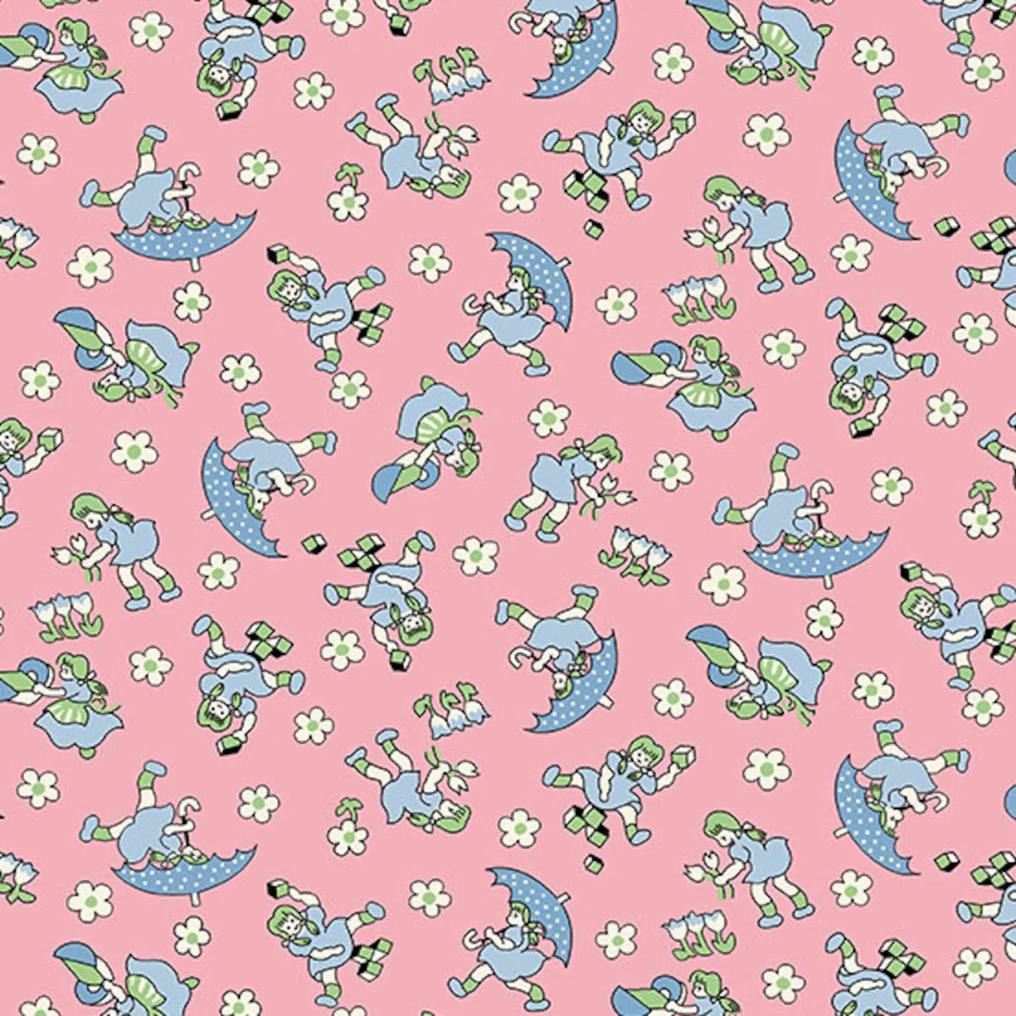 featuring 1930s-style girls in blue dresses with umbrellas on a pink background