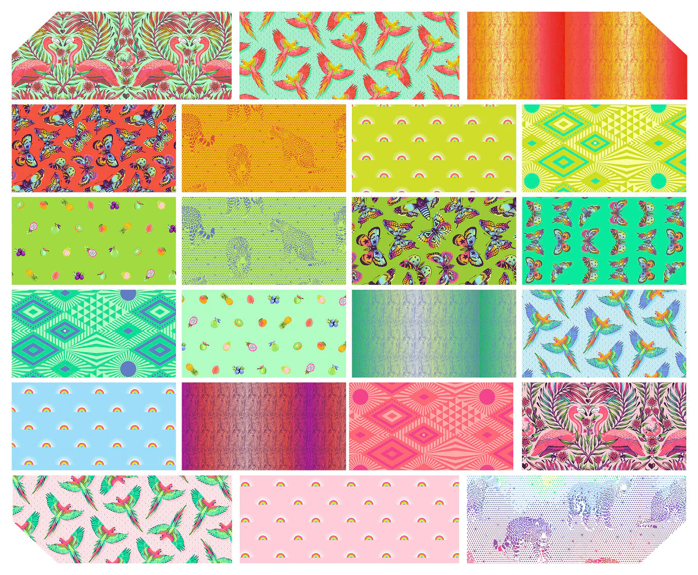 Daydreamer Fat Quarter Bundle includes 22 fat quarters. Fabric has designs with butterflies, tropical fruits, jaguars, macaws, flamingos and rainbows.