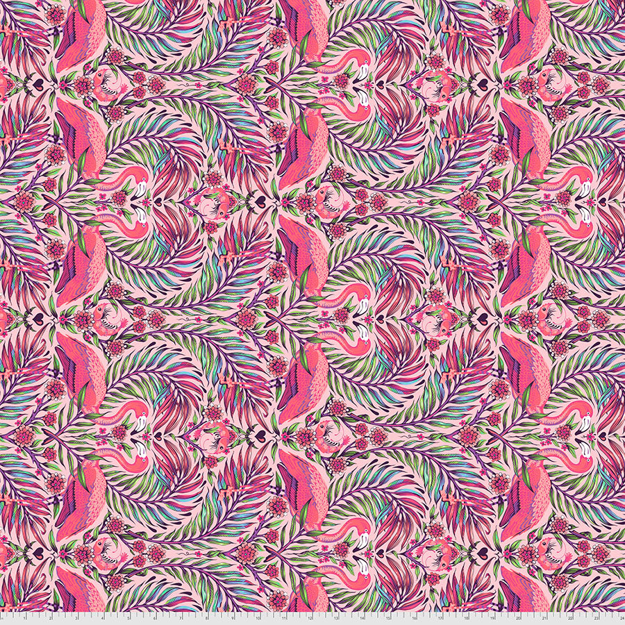 A fabric with a floral and dragonfruit pattern, predominantly pink with green leaves.