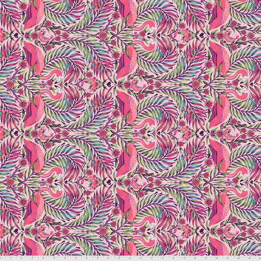 A fabric with a floral and dragonfruit pattern, predominantly pink with green leaves.