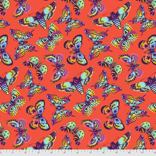 a repeating pattern of colorful butterflies and moths on an orange background.