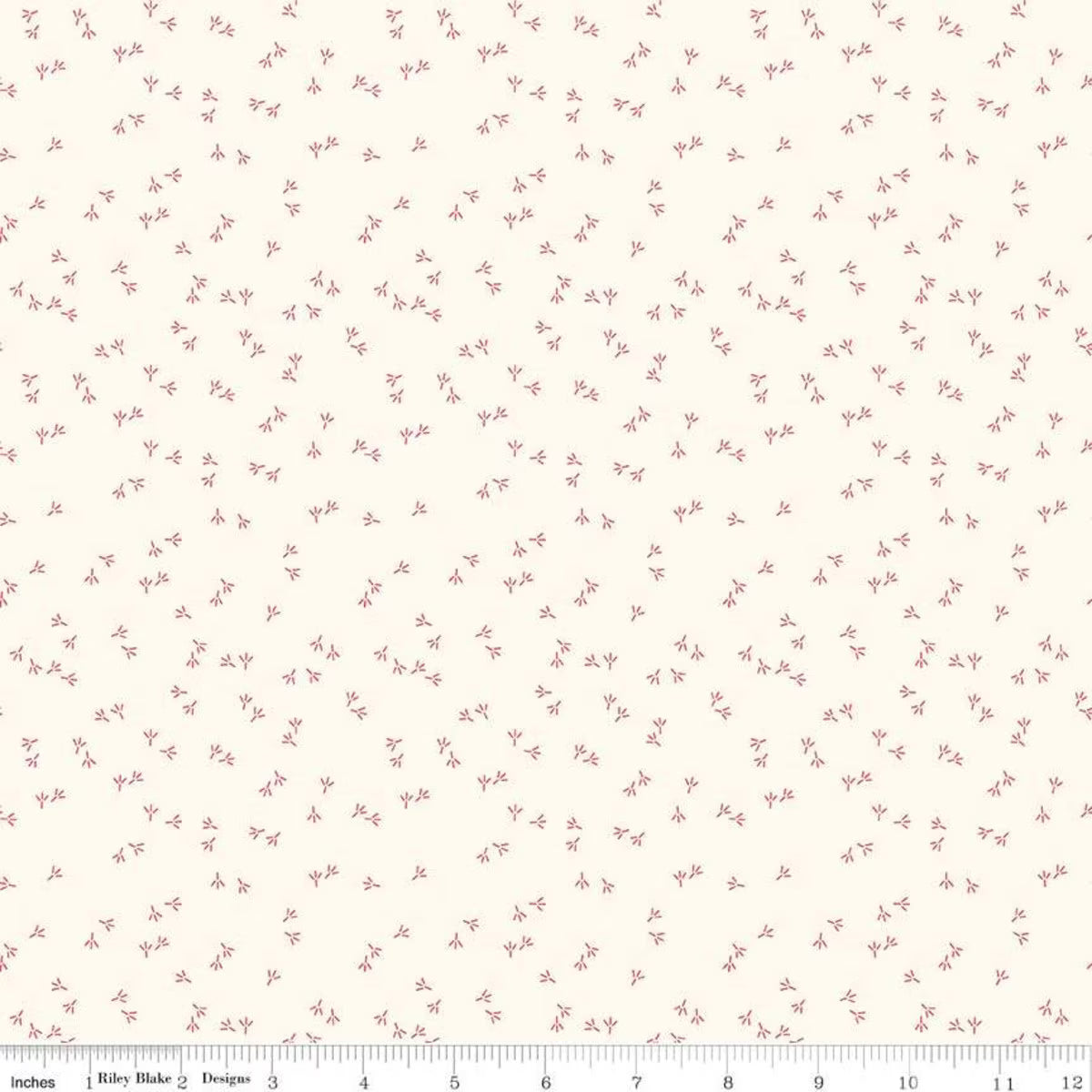 A scattered red chicken tracks motif scattered across a warm cream background